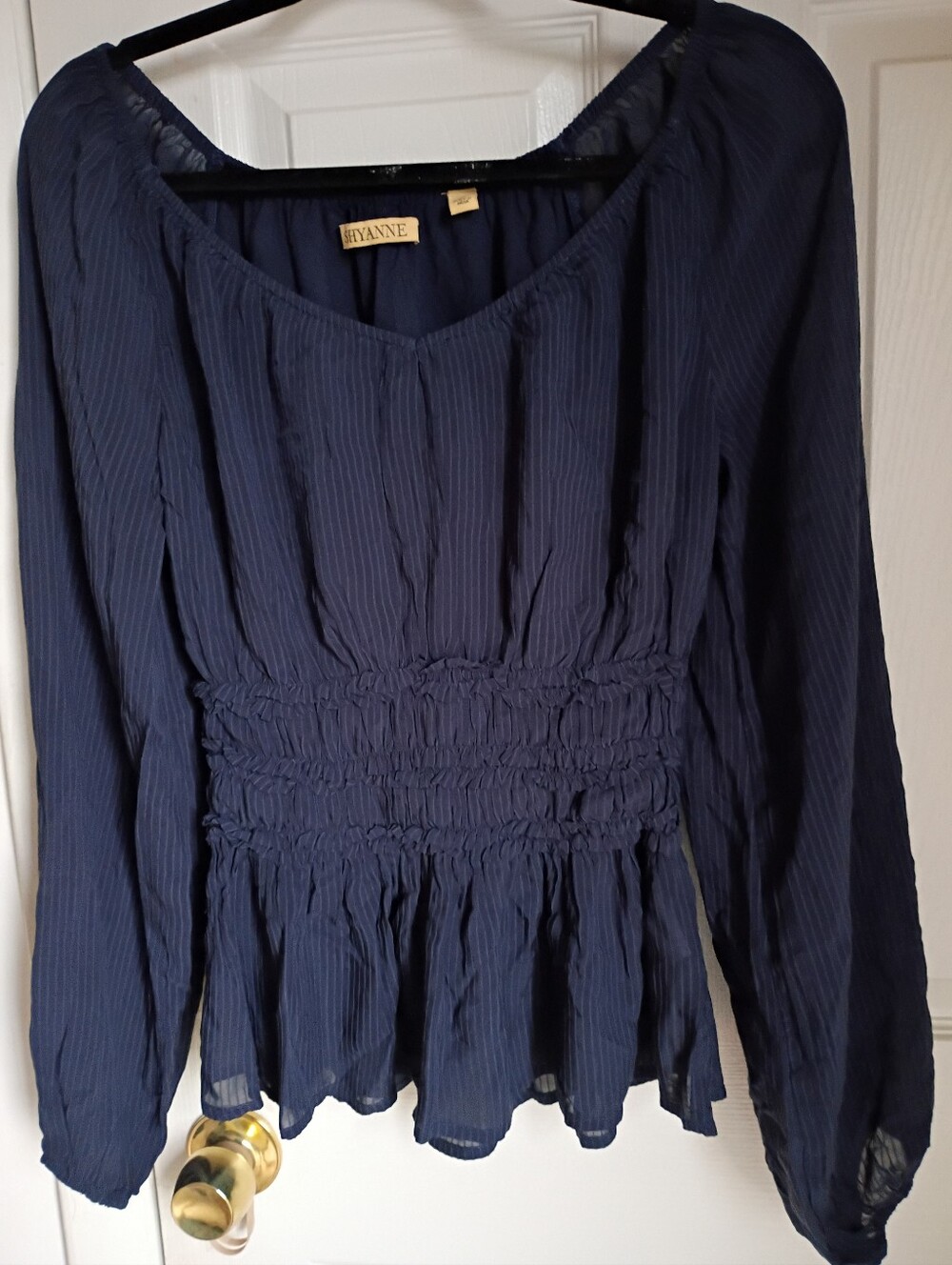 navy blue Shyanne Women's Dobby Pinstripe Long Sleeve Blouse